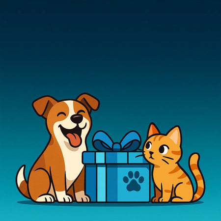 Dog and cat next to a gift box on a blue gradient background