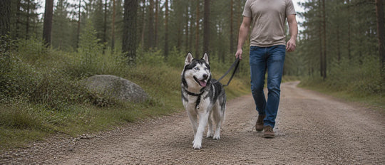 Man walking a husky dog on a path in a forest