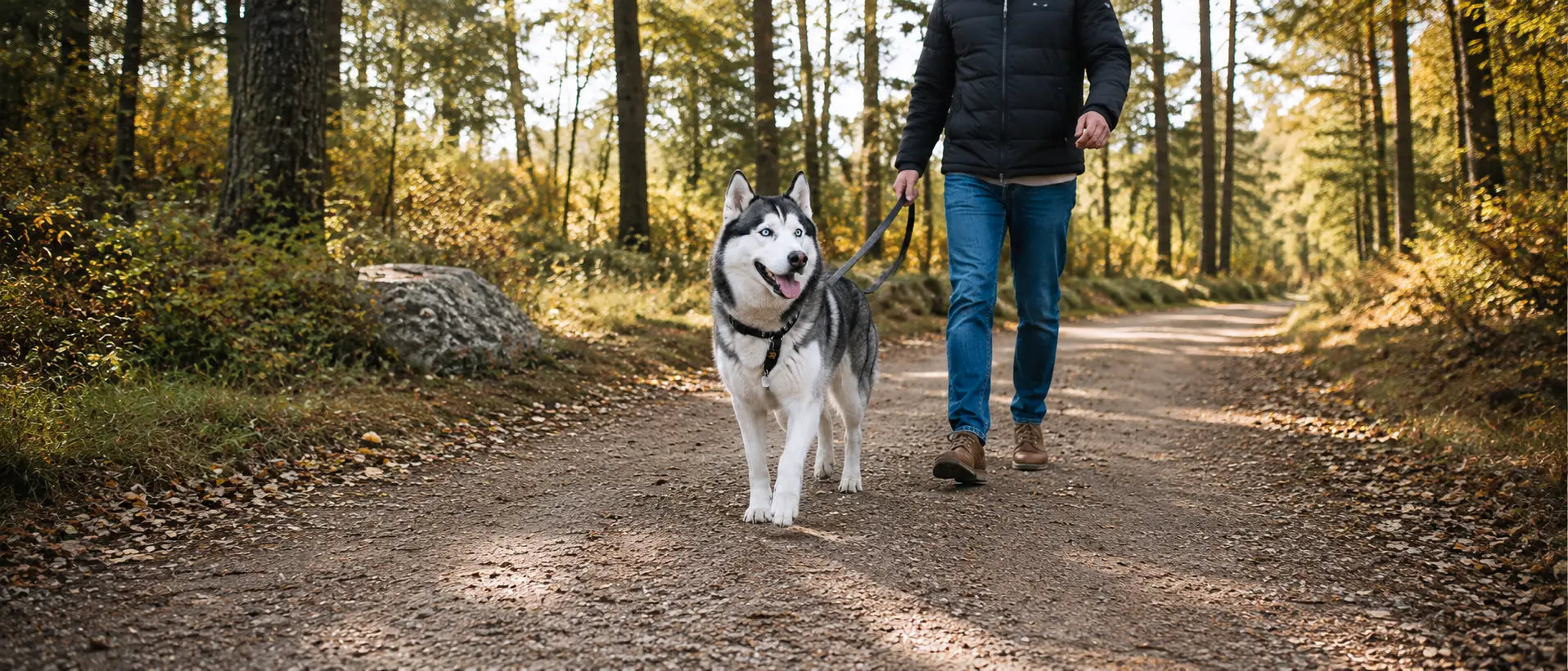 Siberian Husky walking on a leash outdoors with owner