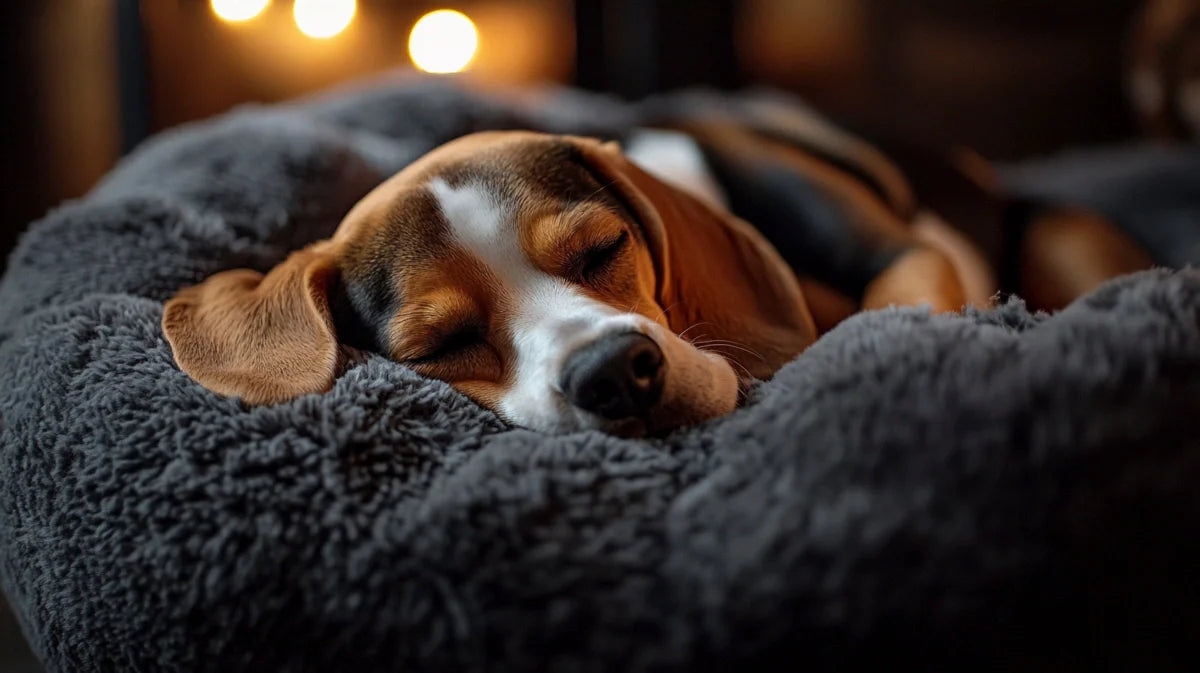 Beagle sleeping on the best dog bed in the living room 