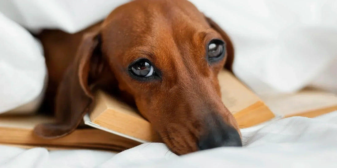 Adorable brown dachshund resting its head on an open book, surrounded by white bedding.