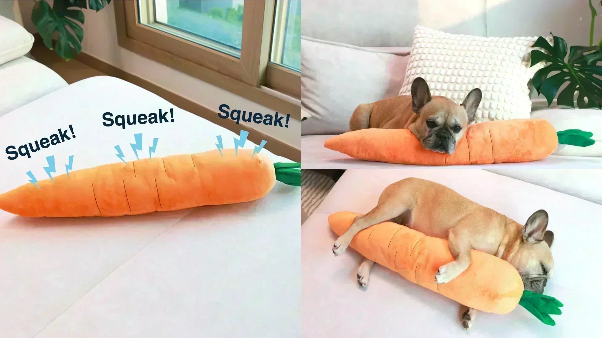 Plush squeaky carrot dog toy for anxiety relief – perfect for snuggling pets
