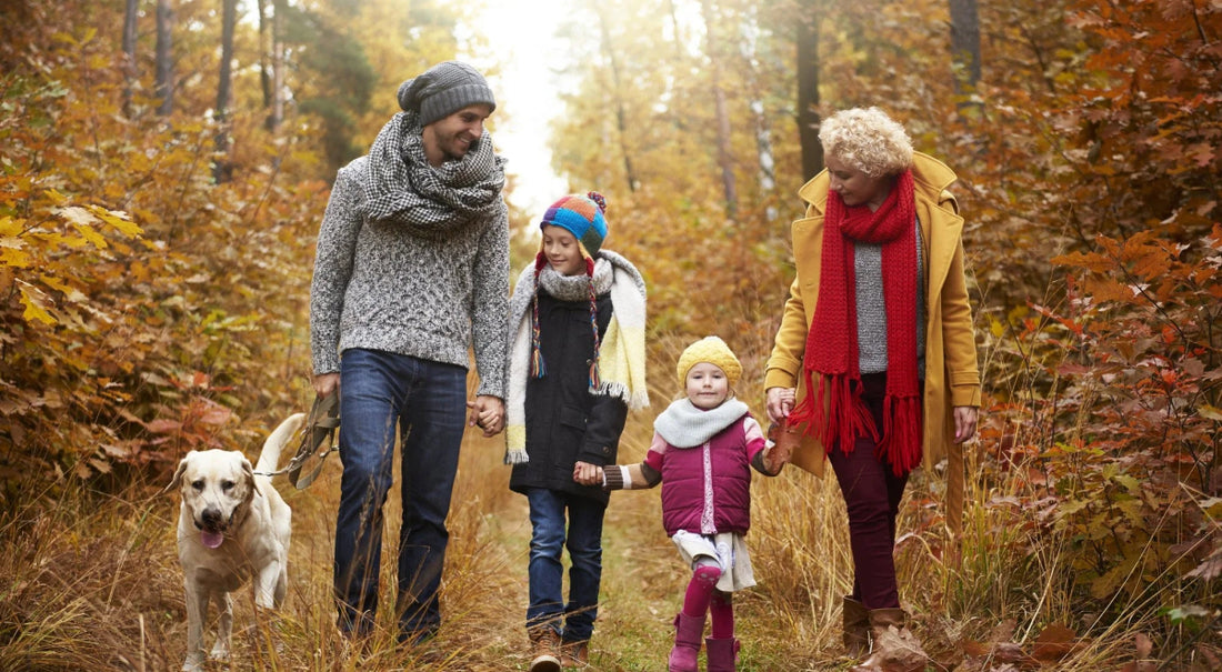 Family walking with their Labrador Retriever through an autumn forest, showcasing the joy of family-friendly dog breeds for outdoor activities.