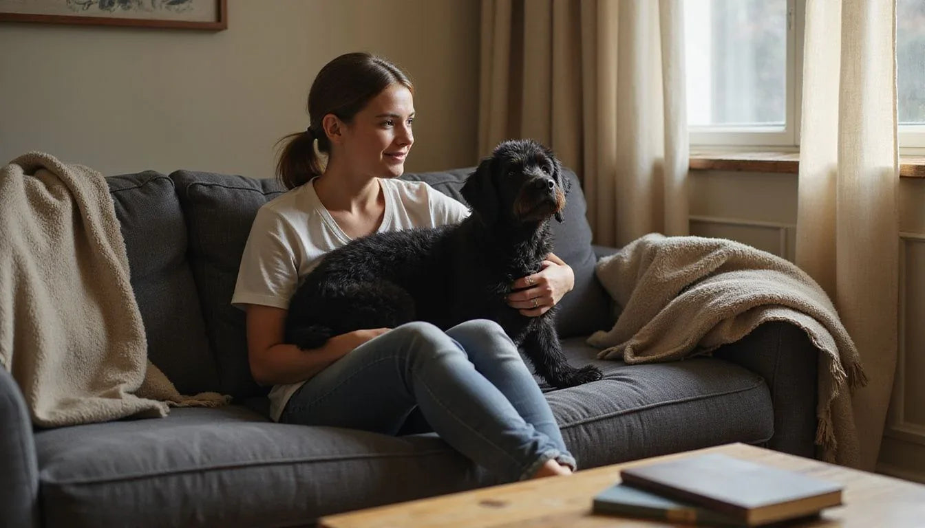 A young person cradles a Portuguese Water Dog on a couch, both looking relaxed.