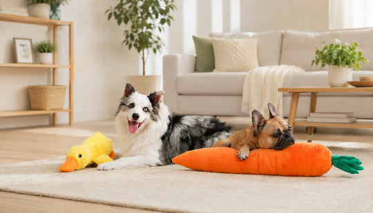 Two dogs with soft plush dog toys for play and comfort indoors