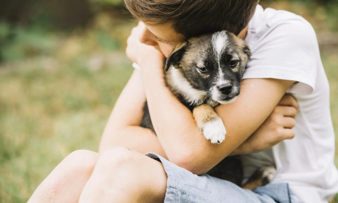 A close-up of a boy lovingly embracing his adorable puppy in a grassy outdoor setting.