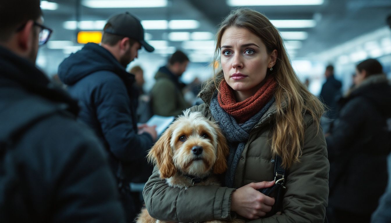 A woman with her dog at an airport, preparing to travel to Iceland.