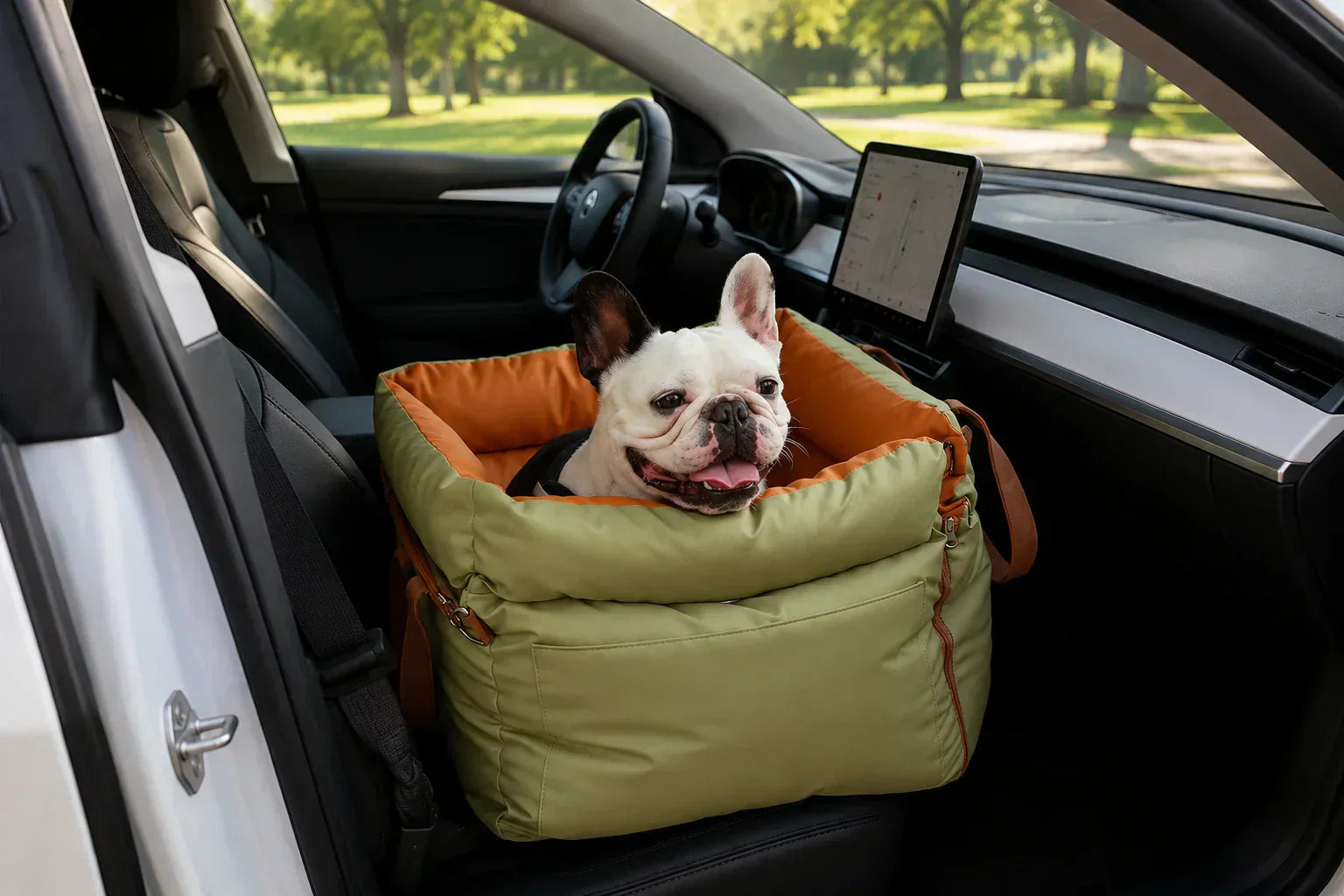 French bulldog sitting in a green and orange car travel dog bed on the front passenger seat