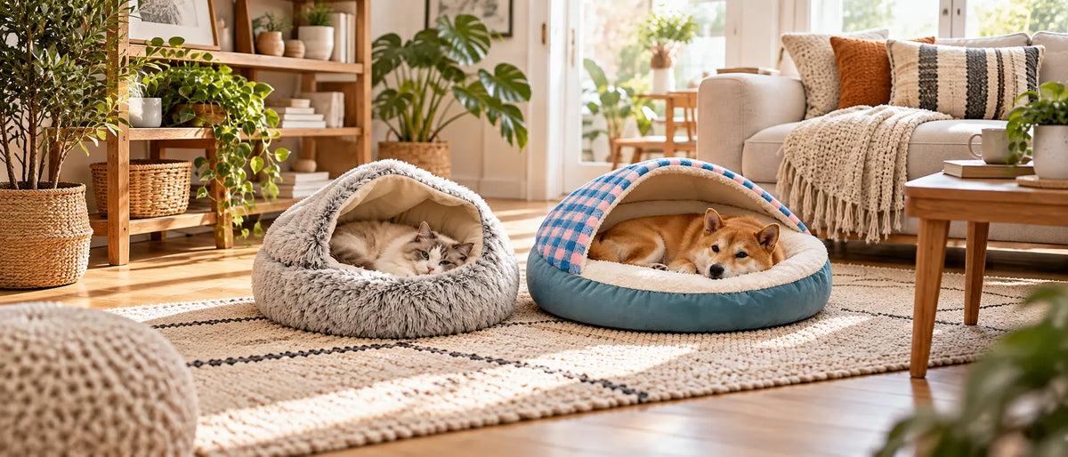 Cat resting in a gray cave bed beside a dog in a blue covered bed