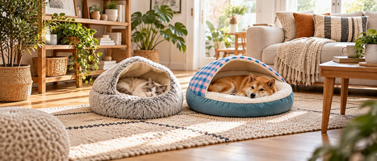 Cat resting in a gray cave bed beside a dog in a blue covered bed