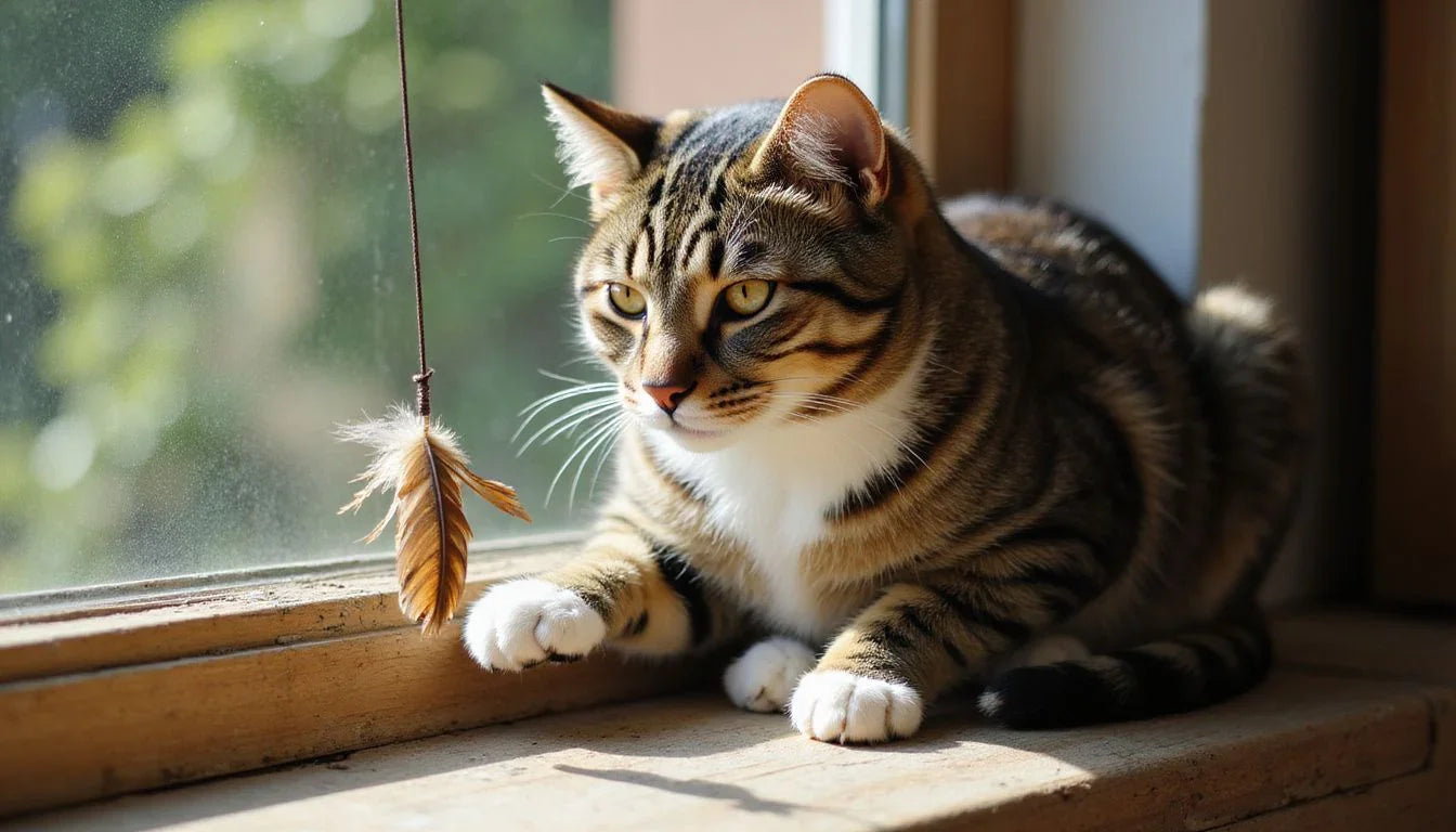 Striped tabby cat on a wooden windowsill, focused on a toy.
