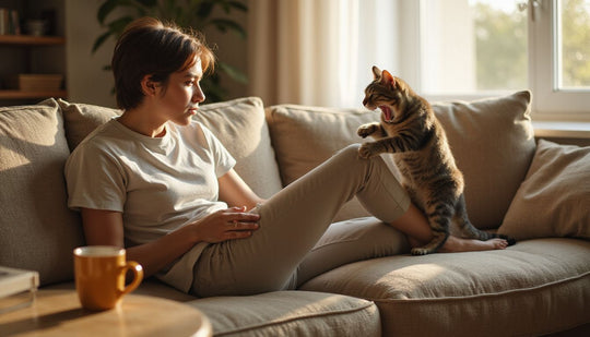 A tabby cat yawning while standing on its owner's lap, showing relaxed body language in a cozy living room.