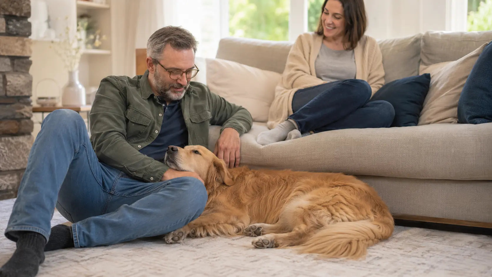 Golden retriever resting beside a man while another adult sits nearby on the sofa