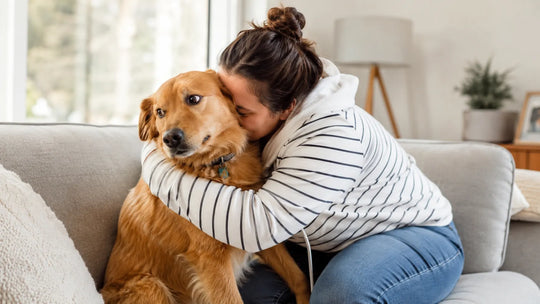 Dog showing subtle discomfort while being hugged on a couch