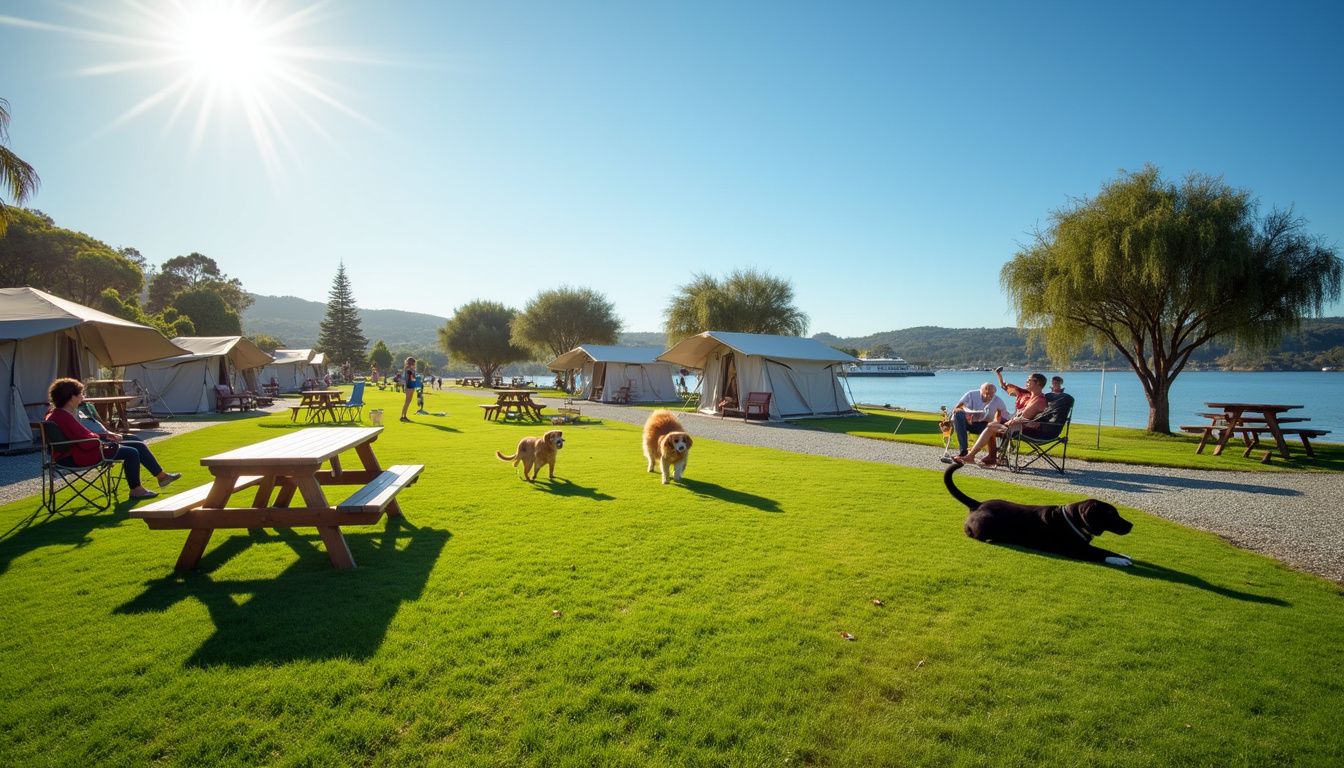 Dogs playing at a pet-friendly lakeside campground in New Zealand