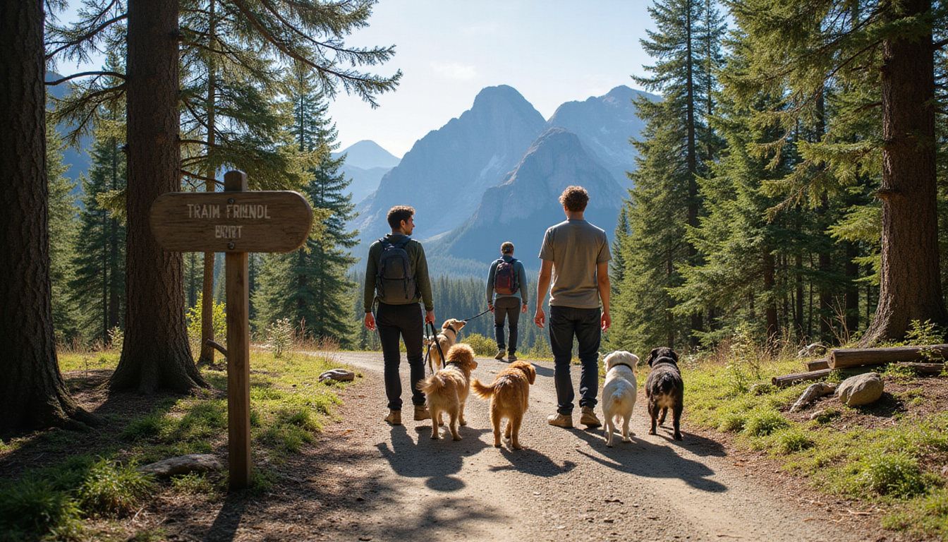 Hikers with dogs on a dog-friendly trail in a Canadian national park