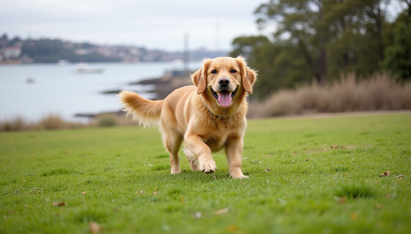 Happy golden retriever running in dog-friendly park on Sydney’s North Shore