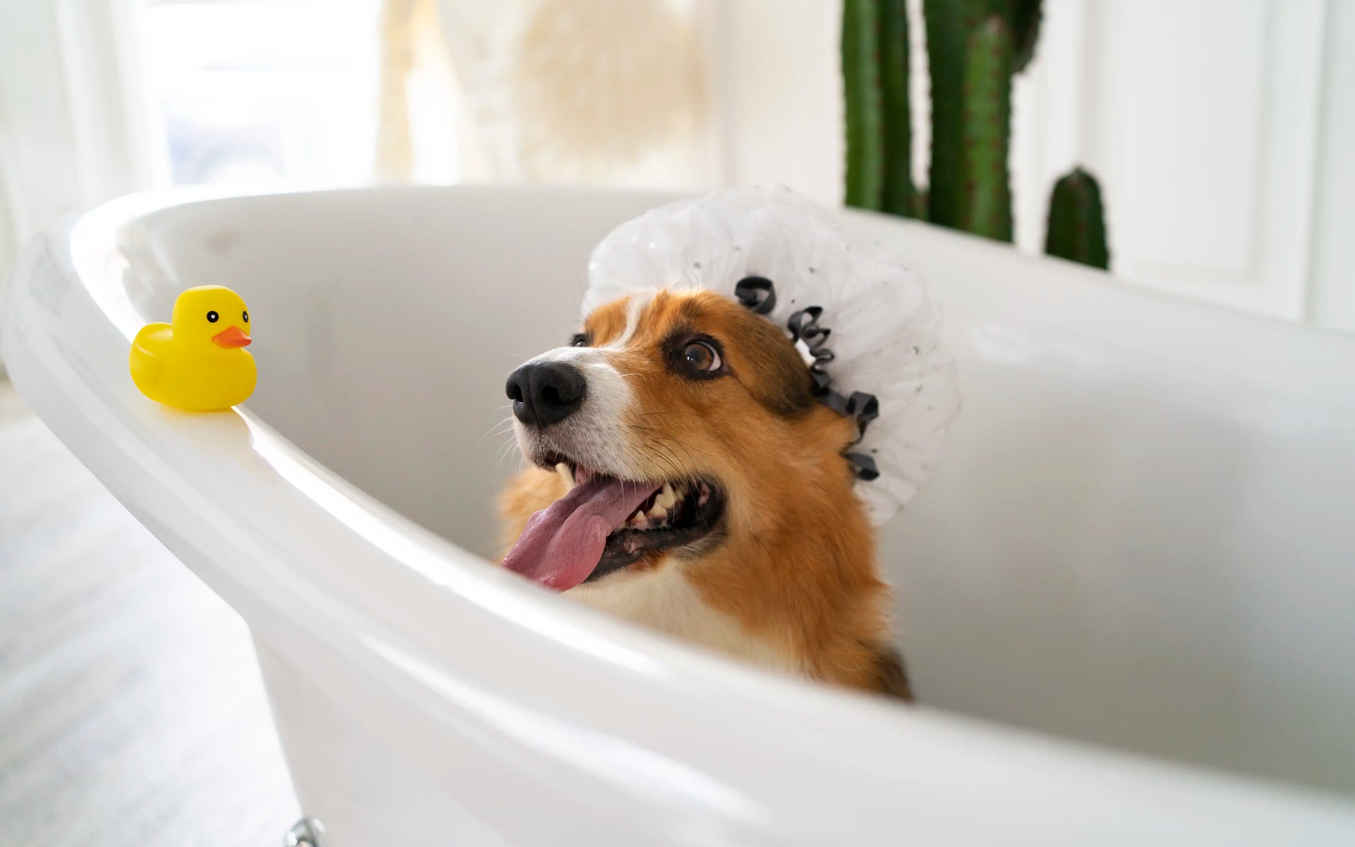 Dog sitting calmly in a bathtub before a bath