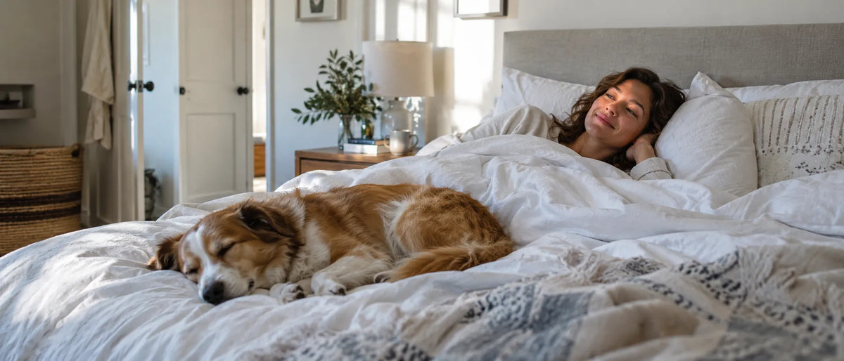 Dog sleeping on a bed beside a relaxed woman in a bright cozy bedroom