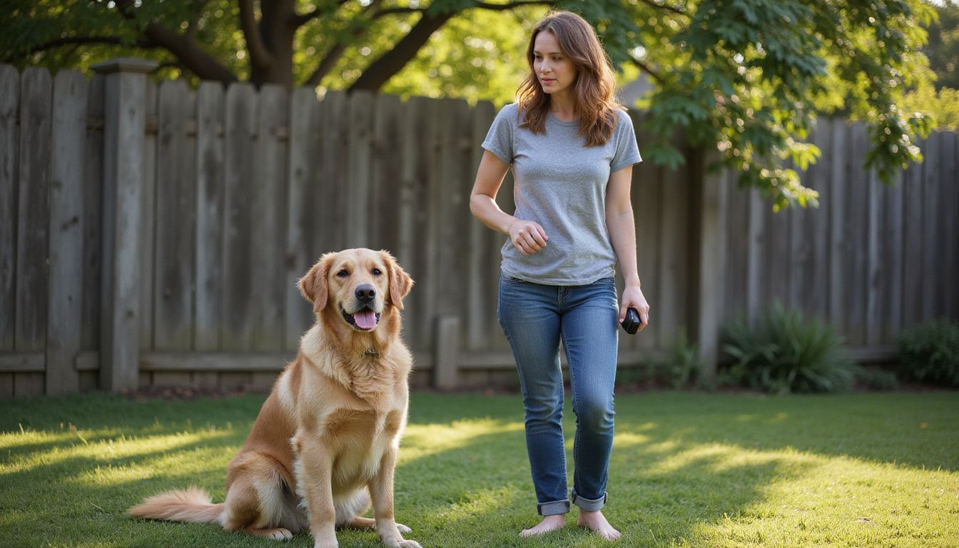 Woman training dog in backyard using positive reinforcement