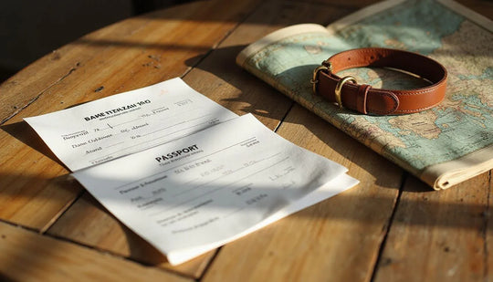 A close-up of a European dog passport, vaccination documents, map, and travel collar.