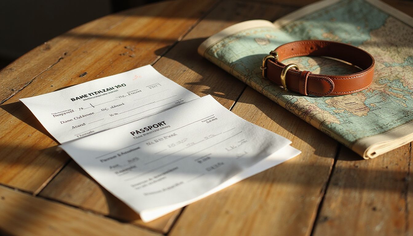 A close-up of a European dog passport, vaccination documents, map, and travel collar.