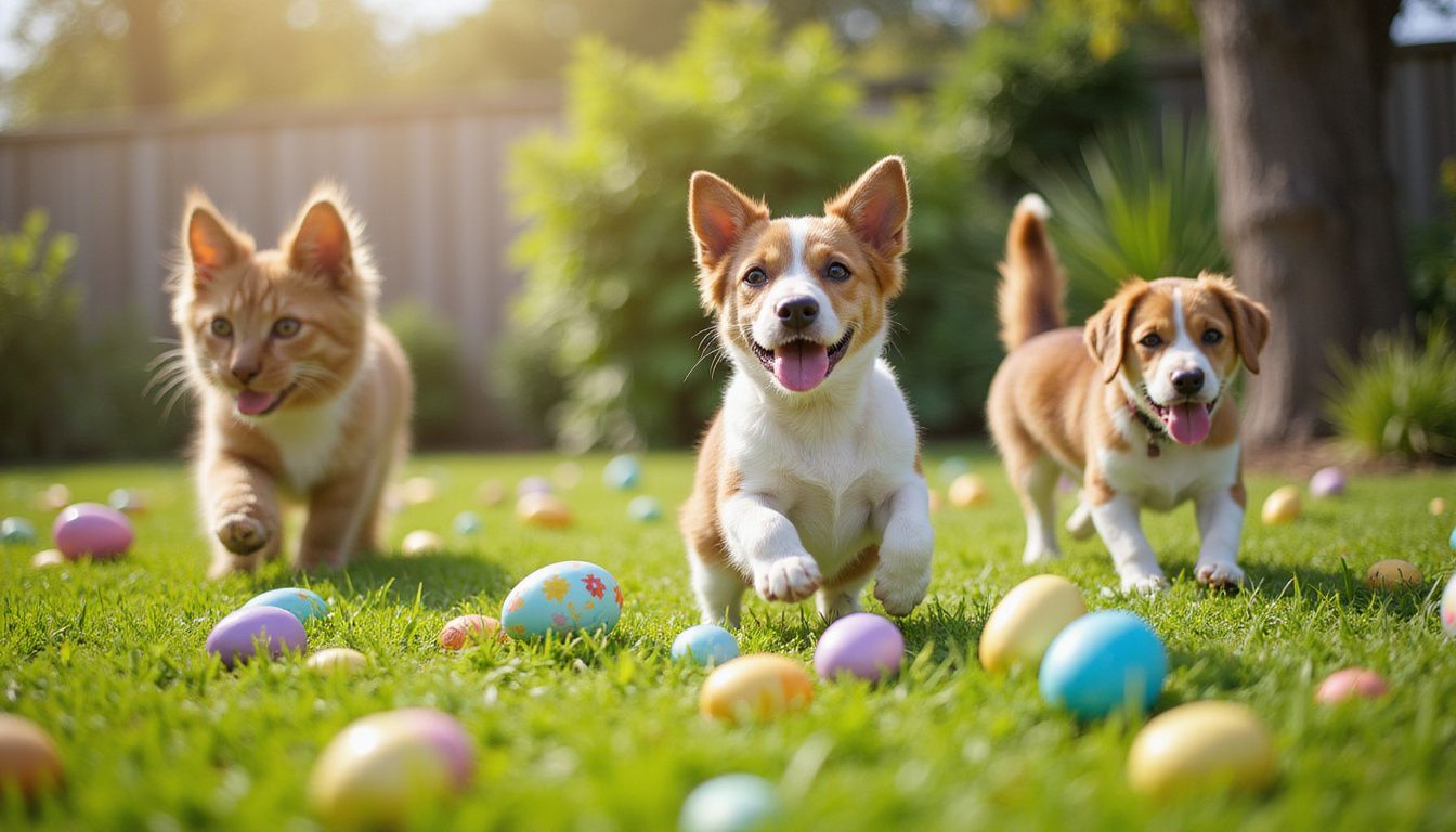 Happy puppies and a cat enjoying a backyard Easter egg hunt in the grass