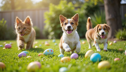 Happy puppies and a cat enjoying a backyard Easter egg hunt in the grass