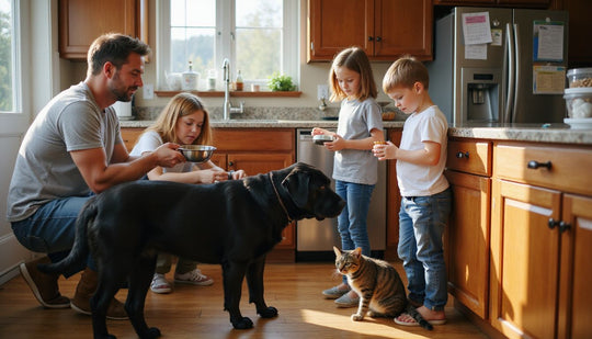 Family feeding dog and cat together in the kitchen