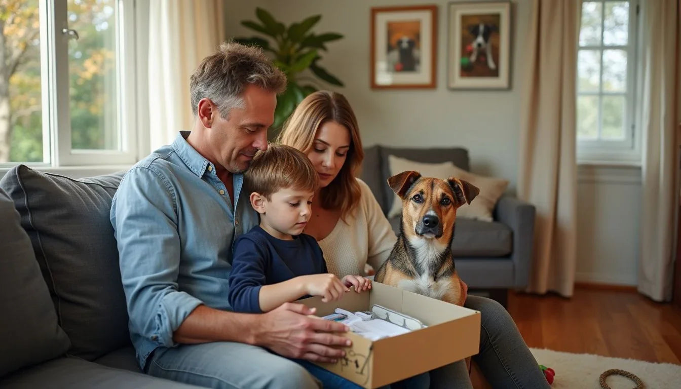 A family checks a home dog DNA kit with their rescue pet.