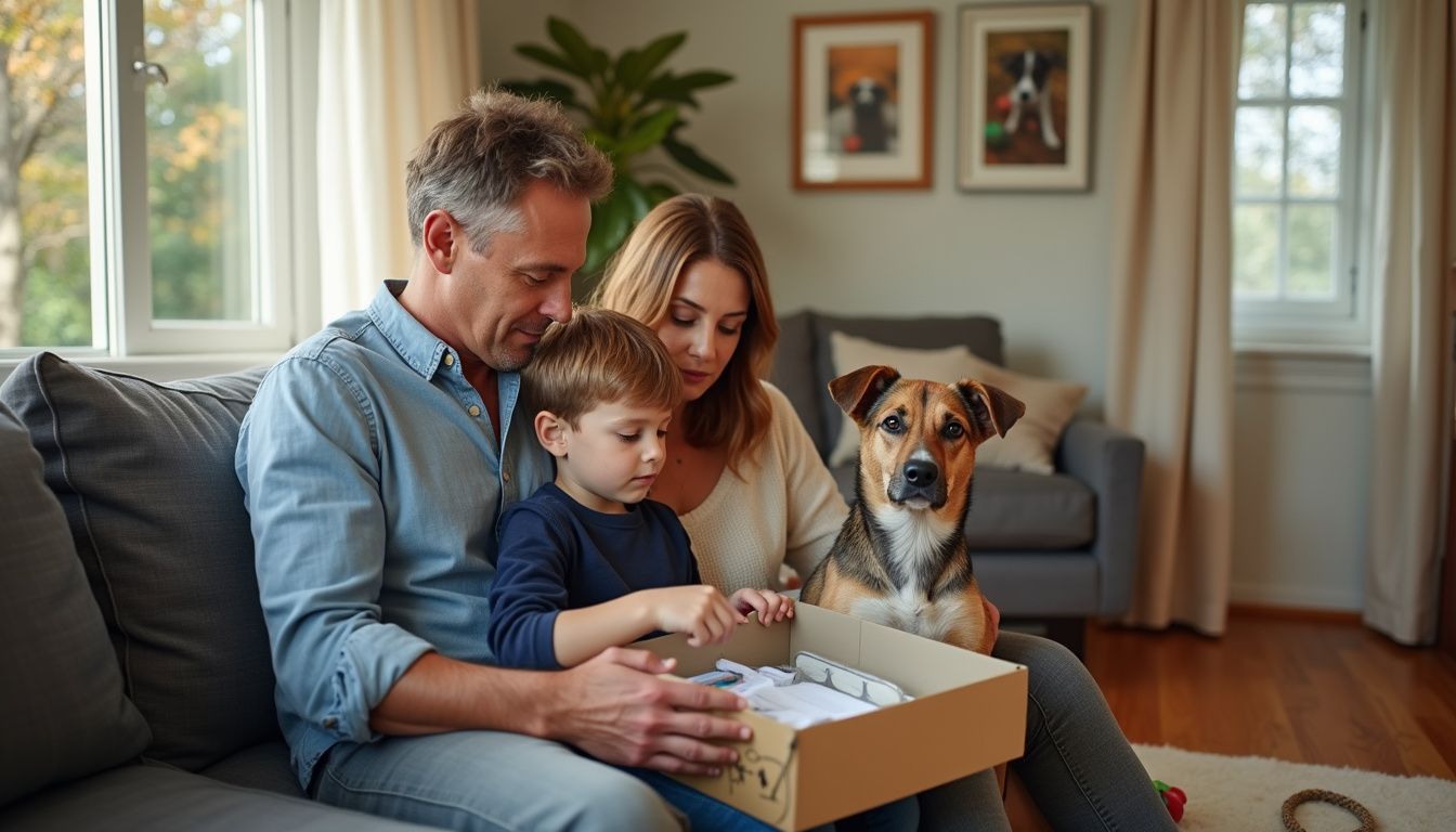 A family checks a home dog DNA kit with their rescue pet.