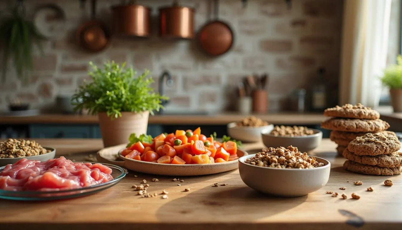 Fresh raw meat, vegetables, and grains for pet nutrition