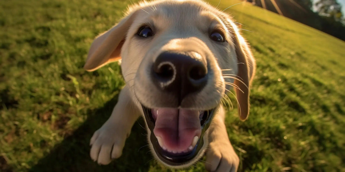 Happy Labrador puppy close-up with a joyful expression on the grass in sunlight