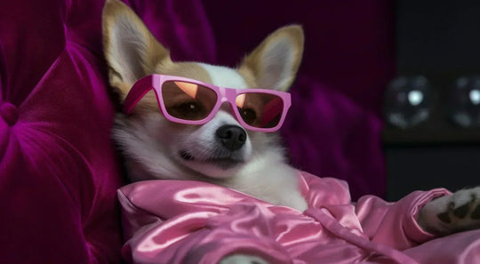 Funny dog wearing sunglasses, relaxing in style.