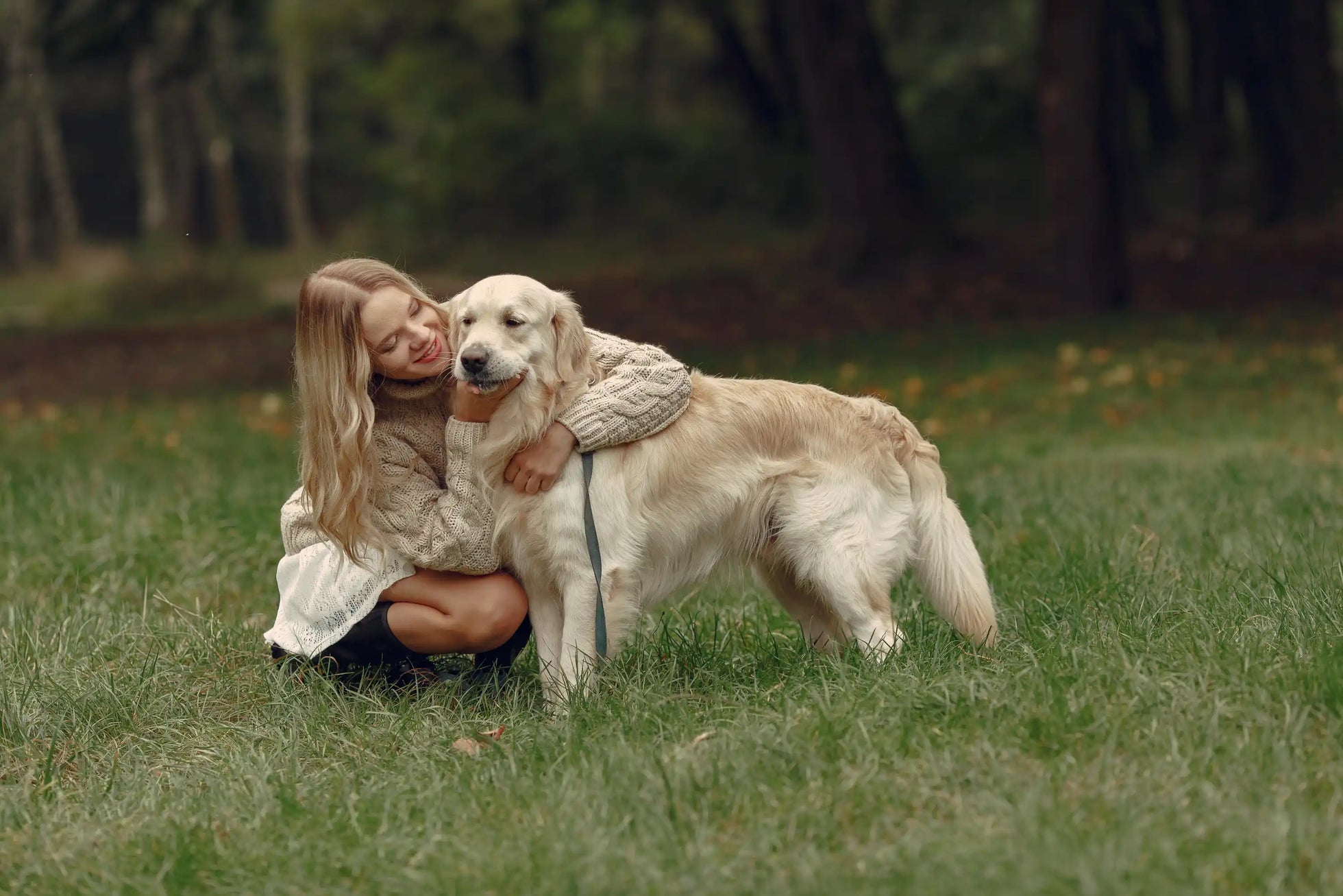 Woman hugging a Golden Retriever in a grassy park