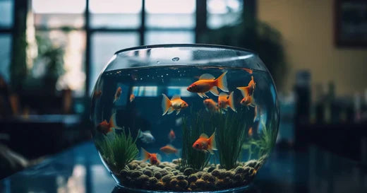 Goldfish swimming in a clear glass fishbowl with aquatic plants.