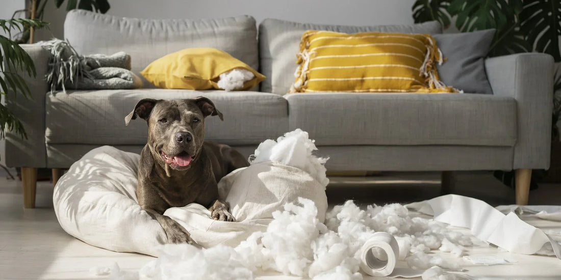 A happy dog laying next to a destroyed pillow in a cozy living room with colorful cushions.