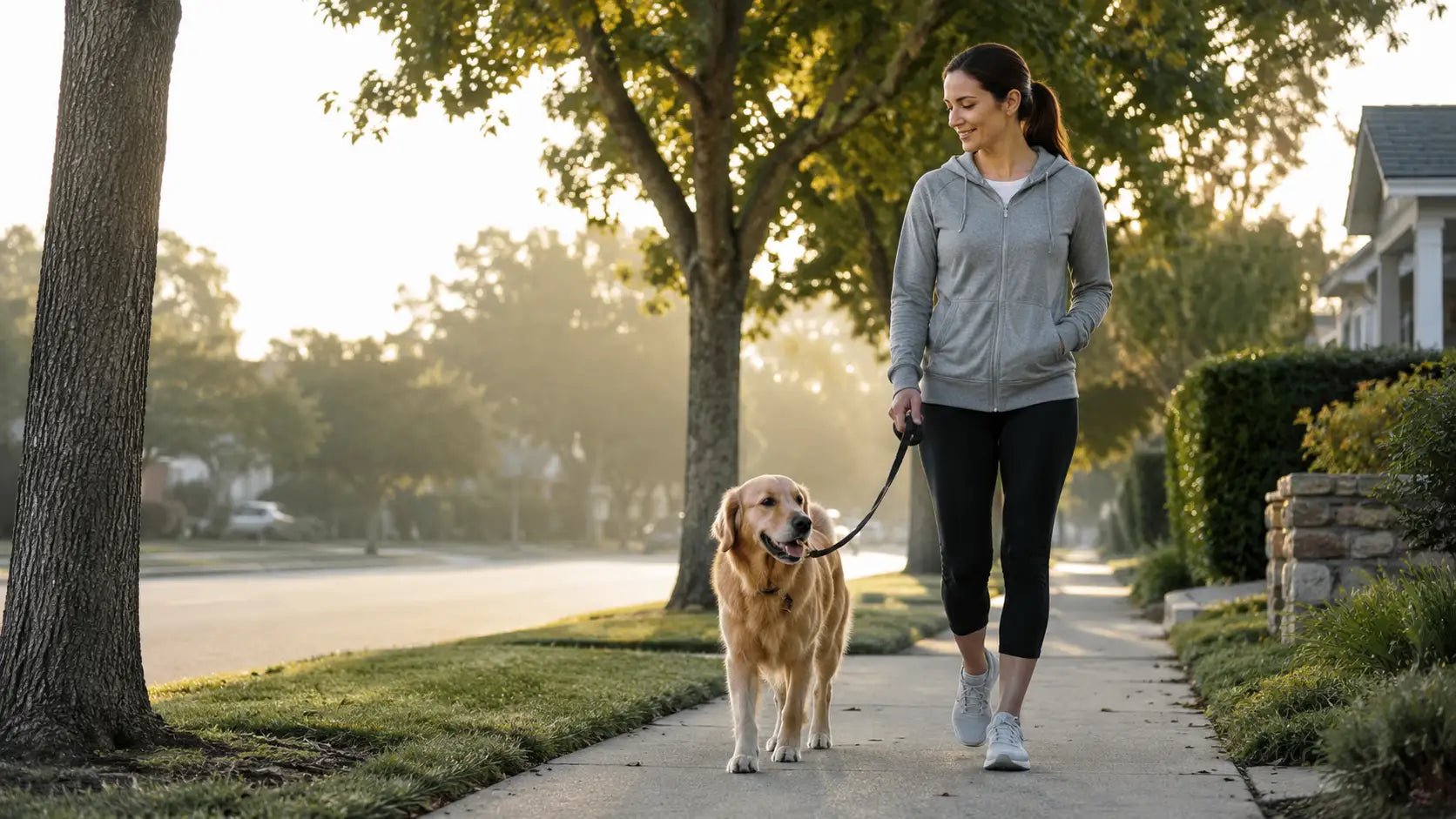 Owner walking a dog on a quiet sidewalk