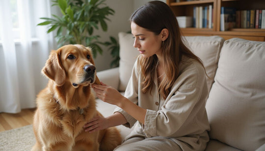 A woman lovingly brushes her golden retriever on a cosy sofa.
