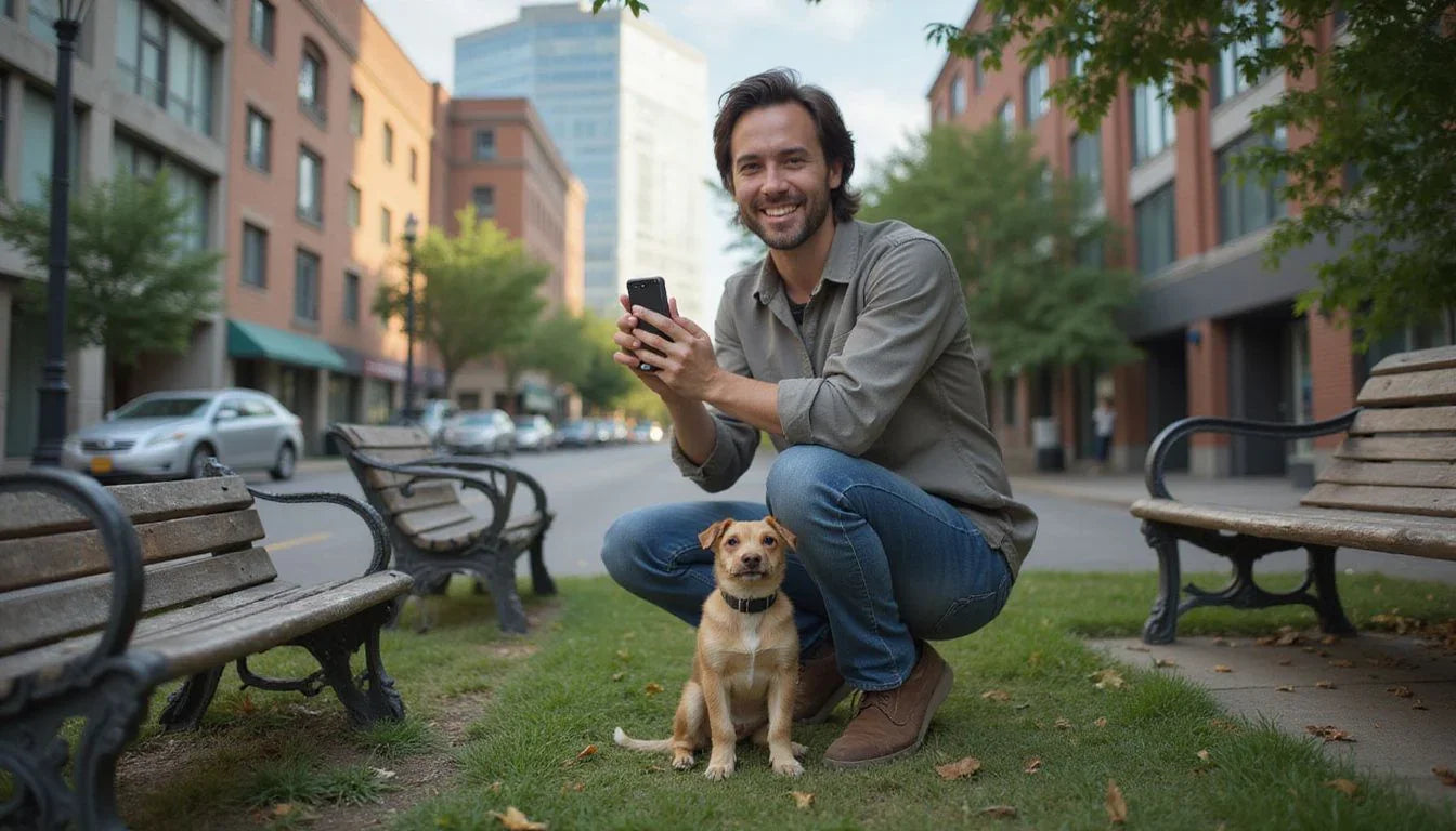 Dog training in a lively city park, handler rewarding calm behavior.