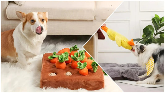 Dog enjoying Calming Duck and Carrot Farm toys from FluffyPuppy Pet Supplies – perfect for soothing or playful activity.