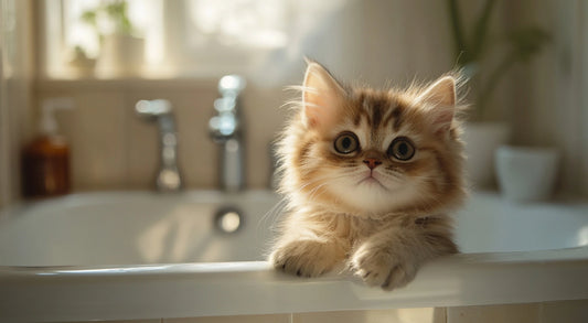 Adorable Persian kitten in the bathroom, looking curious and playful.