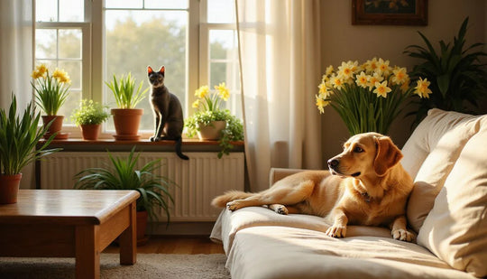 Cosy living room with family, pets, and several house plants on shelves and a windowsill.
