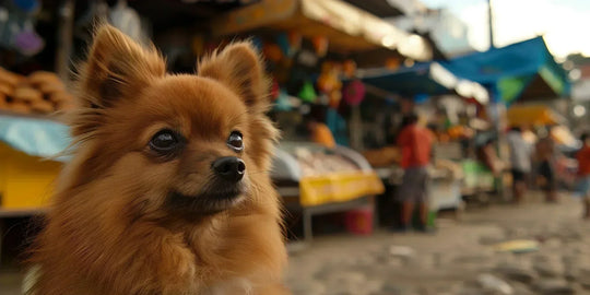 Small fluffy dog at outdoor Asian market during travel