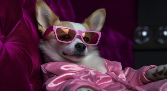 Small dog wearing pink sunglasses and wrapped in a pink satin blanket on a plush velvet chair.