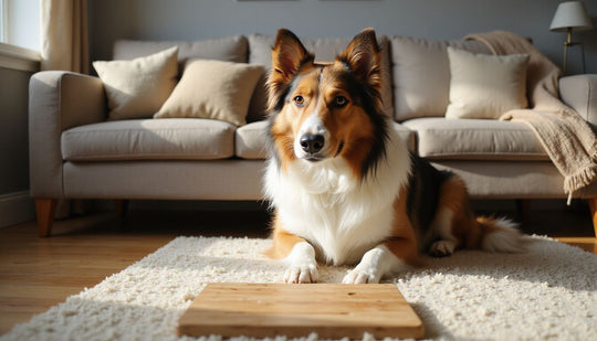 dog lying on a rug beside a wooden puzzle board in a bright living room