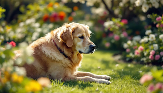 A golden retriever scratching itself in a backyard with flowers and grass.