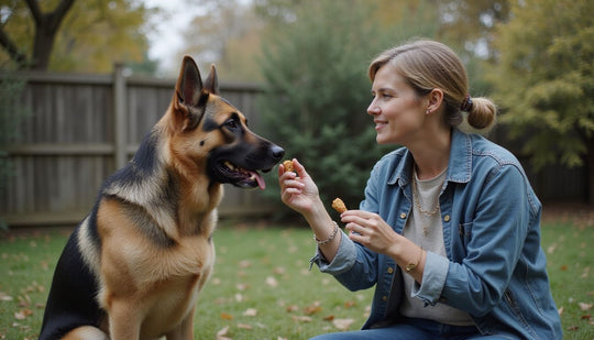 A woman calmly hands treats to a focused German Shepherd at home.