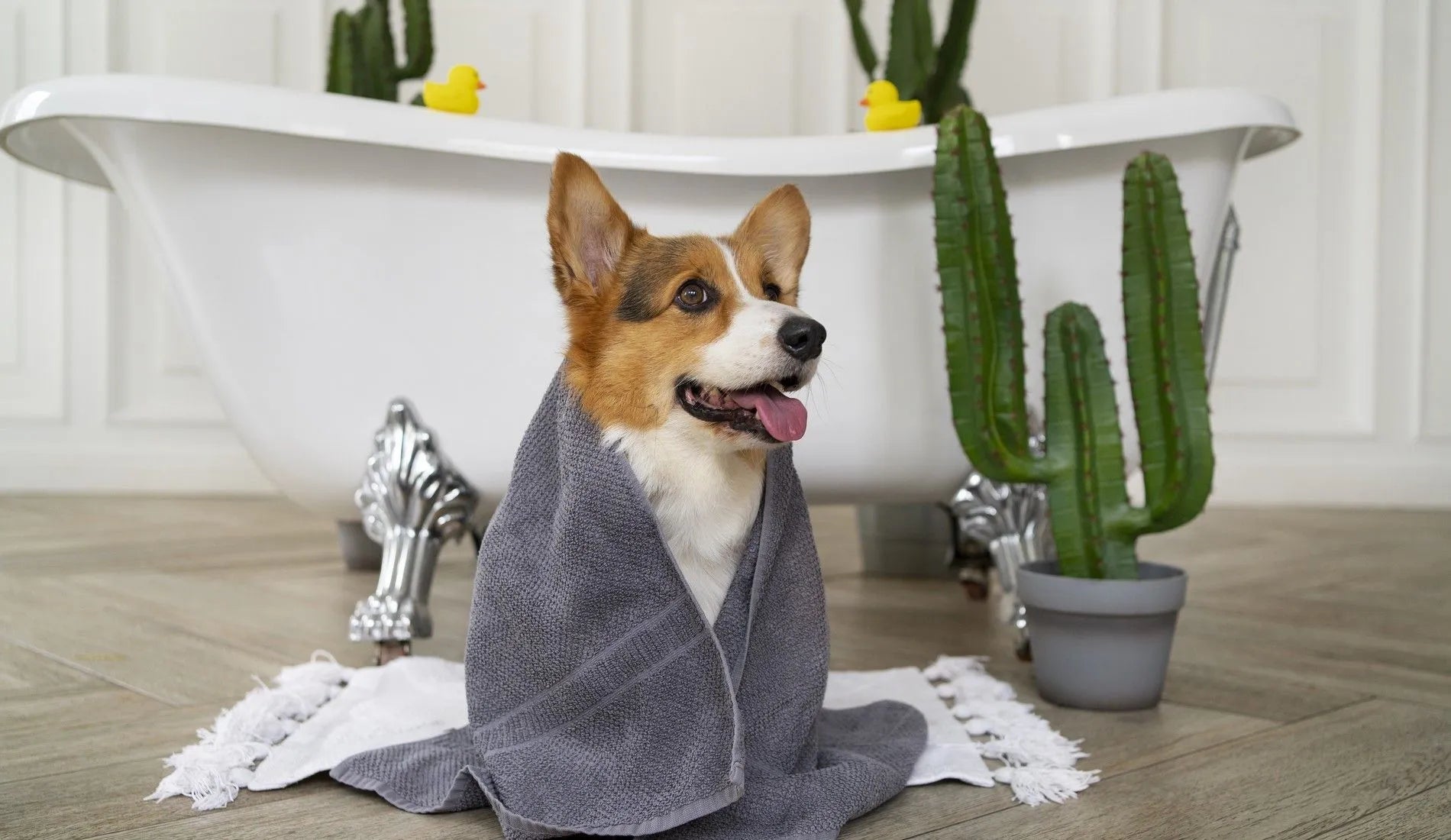 A cute Corgi wrapped in a towel after a bath at home, sitting near a stylish bathtub