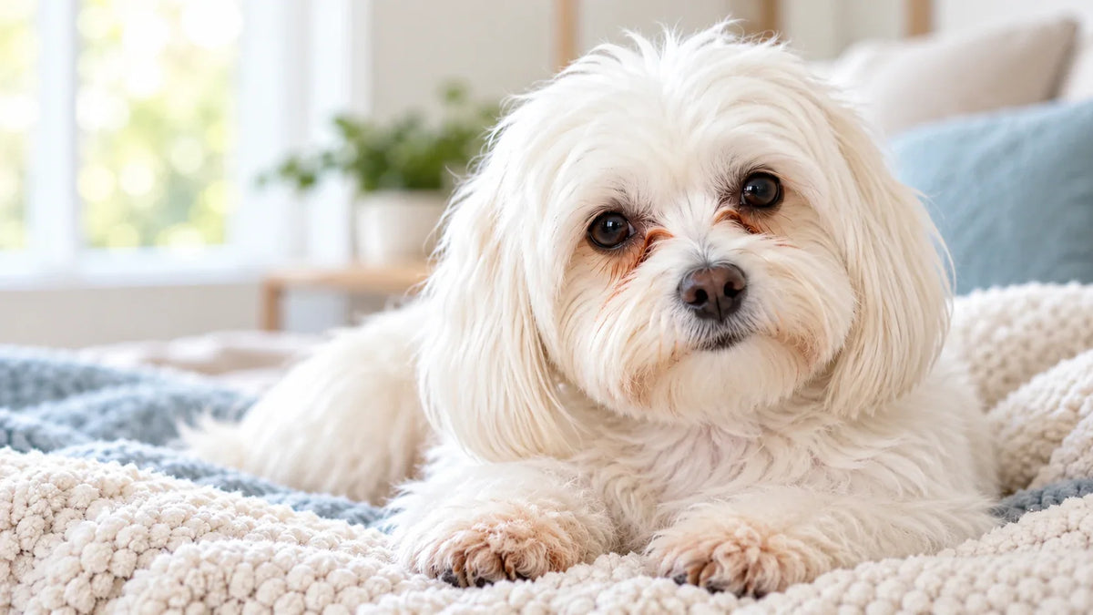 Small white dog resting on a blanket with faint reddish-brown stains below its eyes.
